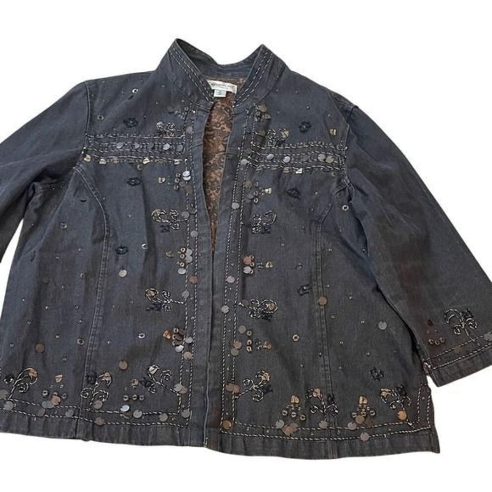Coldwater Creek Embellished Sequin Denim Jacket Black Grey 1X Boho Open‎ Front